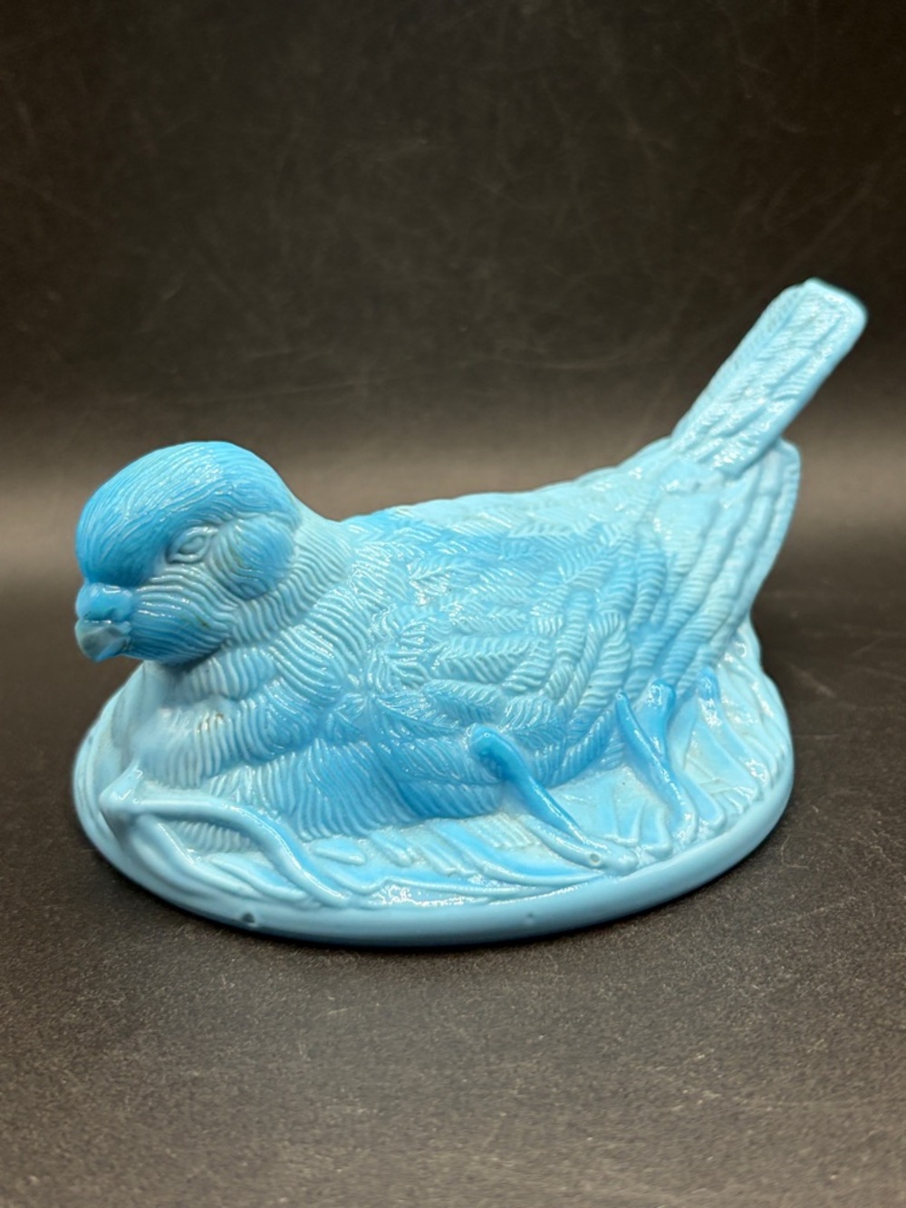 Vintage Blue Dove on Nest Slag Milk Glass Bird Figure Lid, Cottagecore Decor